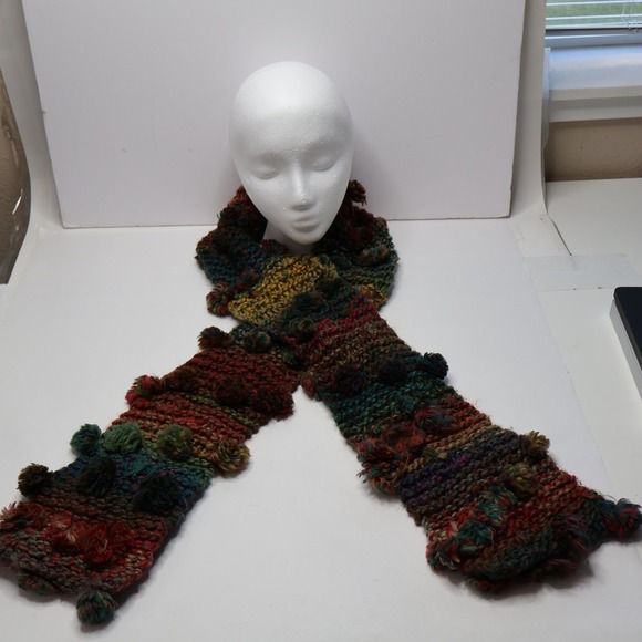 Rainbow Knit Pom Pom Rectangle Scarf Fairy Grunge Boho  Rainbow Knit Pom Pom Rectangle Scarf Fairy Grunge Boho Colorful Unique Artsy‎